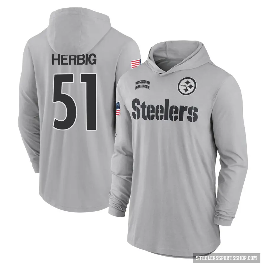 Men's ＃51 Nick Herbig Pittsburgh Steelers Gray 2024 Salute to Service Lightweight Performance Long Sleeve Hooded T-Shirt