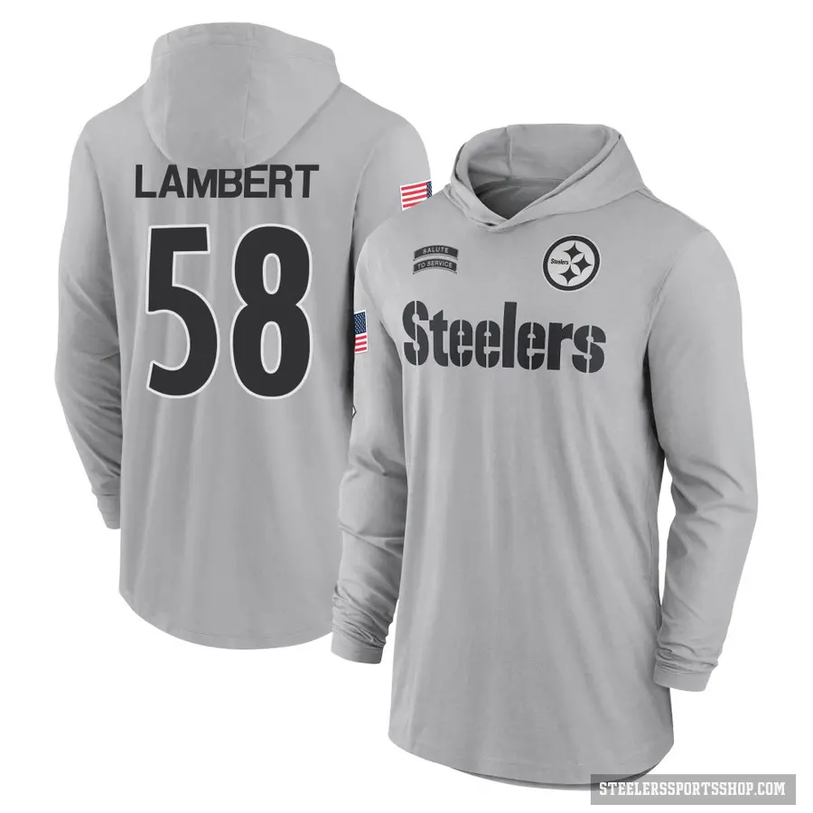 Men's ＃58 Jack Lambert Pittsburgh Steelers Gray 2024 Salute to Service Lightweight Performance Long Sleeve Hooded T-Shirt