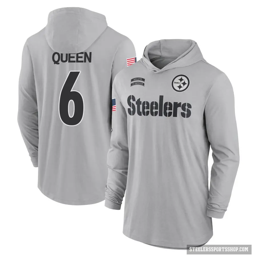 Men's ＃6 Patrick Queen Pittsburgh Steelers Gray 2024 Salute to Service Lightweight Performance Long Sleeve Hooded T-Shirt