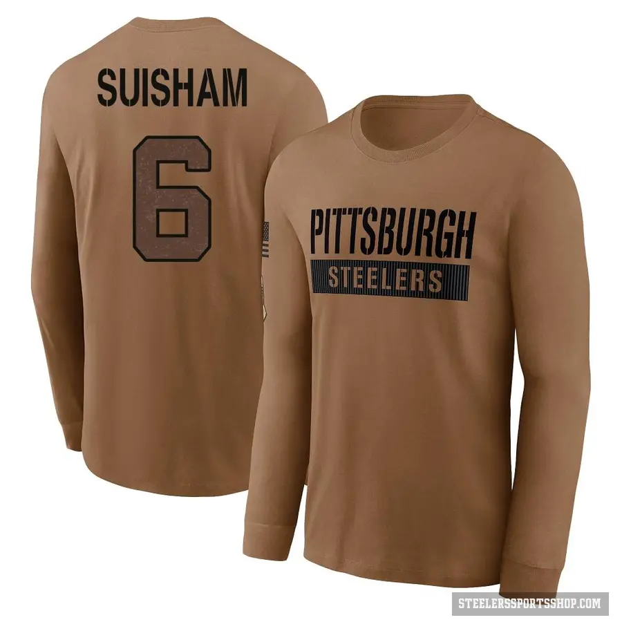 Men's ＃6 Shaun Suisham Pittsburgh Steelers Brown 2023 Salute To Service Long Sleeve T-Shirt