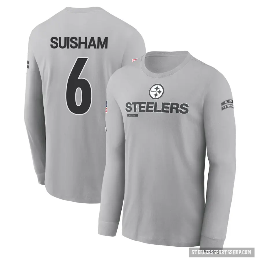 Men's ＃6 Shaun Suisham Pittsburgh Steelers Gray 2024 Salute to Service Long Sleeve T-Shirt