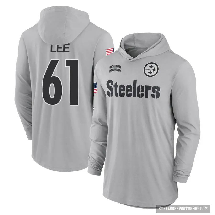 Men's ＃61 Logan Lee Pittsburgh Steelers Gray 2024 Salute to Service Lightweight Performance Long Sleeve Hooded T-Shirt