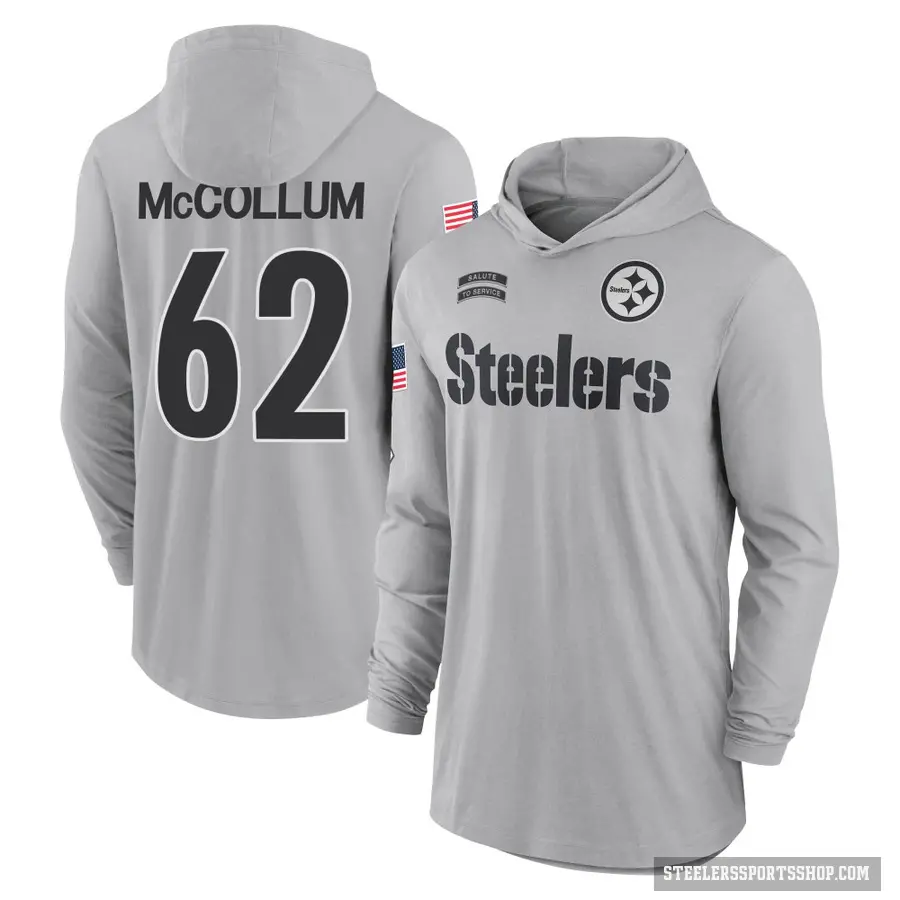 Men's ＃62 Ryan McCollum Pittsburgh Steelers Gray 2024 Salute to Service Lightweight Performance Long Sleeve Hooded T-Shirt