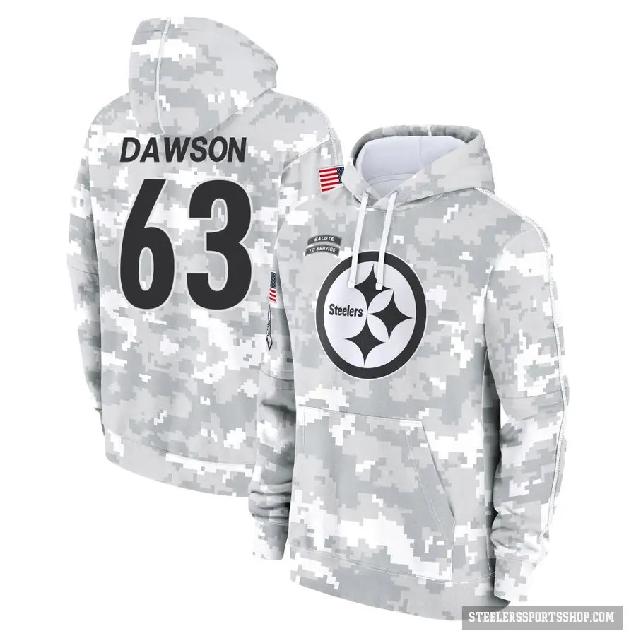 Men's ＃63 Dermontti Dawson Pittsburgh Steelers Arctic Camo 2024 Salute to Service Club Fleece Pullover Hoodie