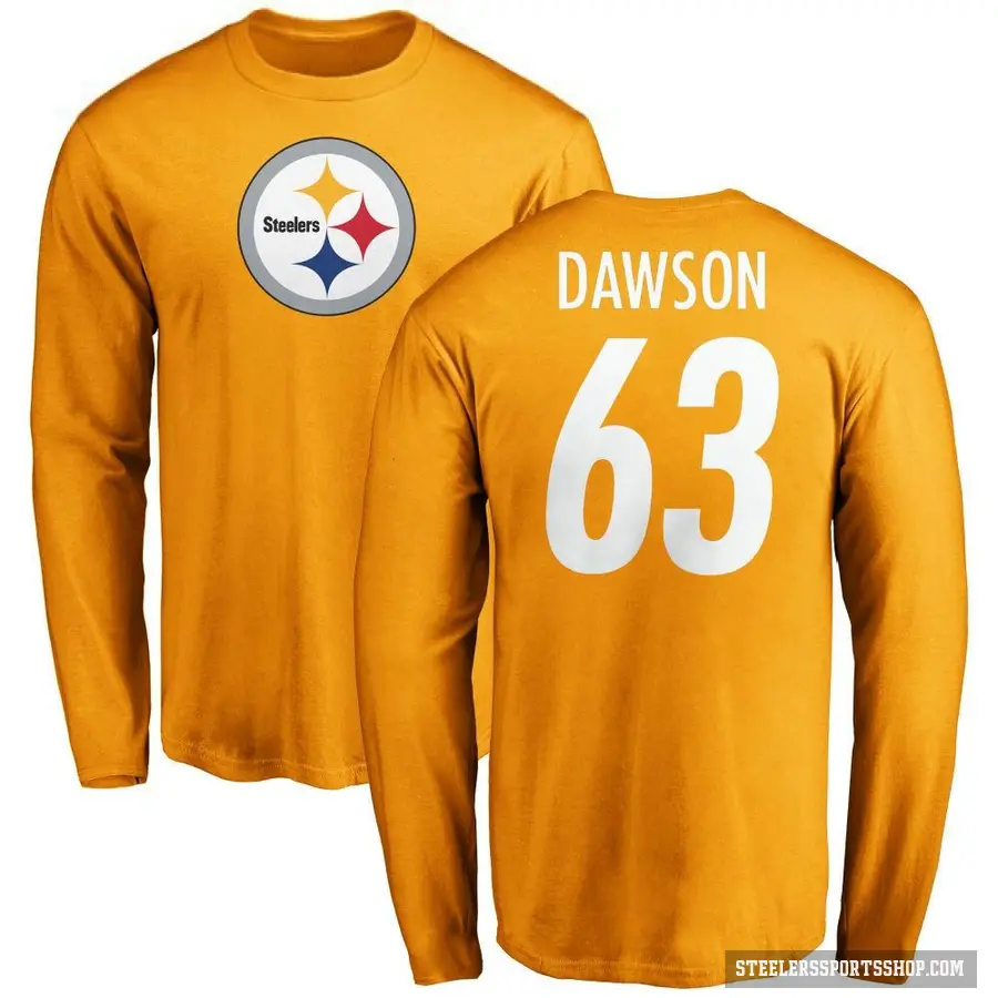 Men's ＃63 Dermontti Dawson Pittsburgh Steelers Gold Logo Long Sleeve T-Shirt