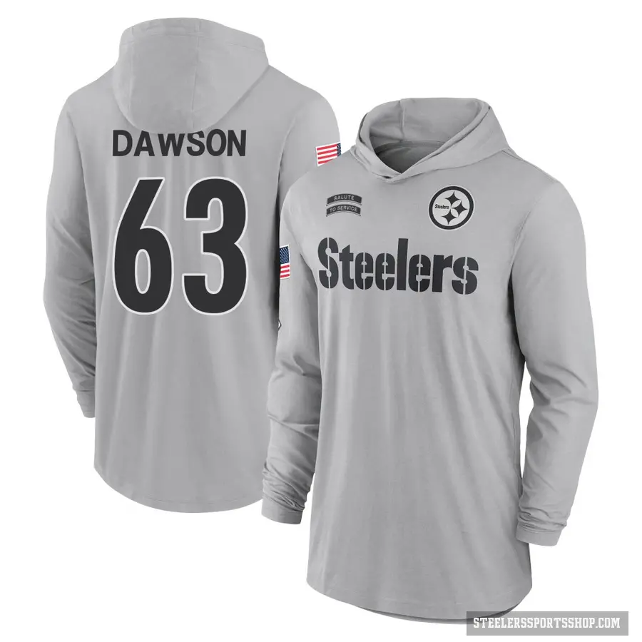 Men's ＃63 Dermontti Dawson Pittsburgh Steelers Gray 2024 Salute to Service Lightweight Performance Long Sleeve Hooded T-Shirt