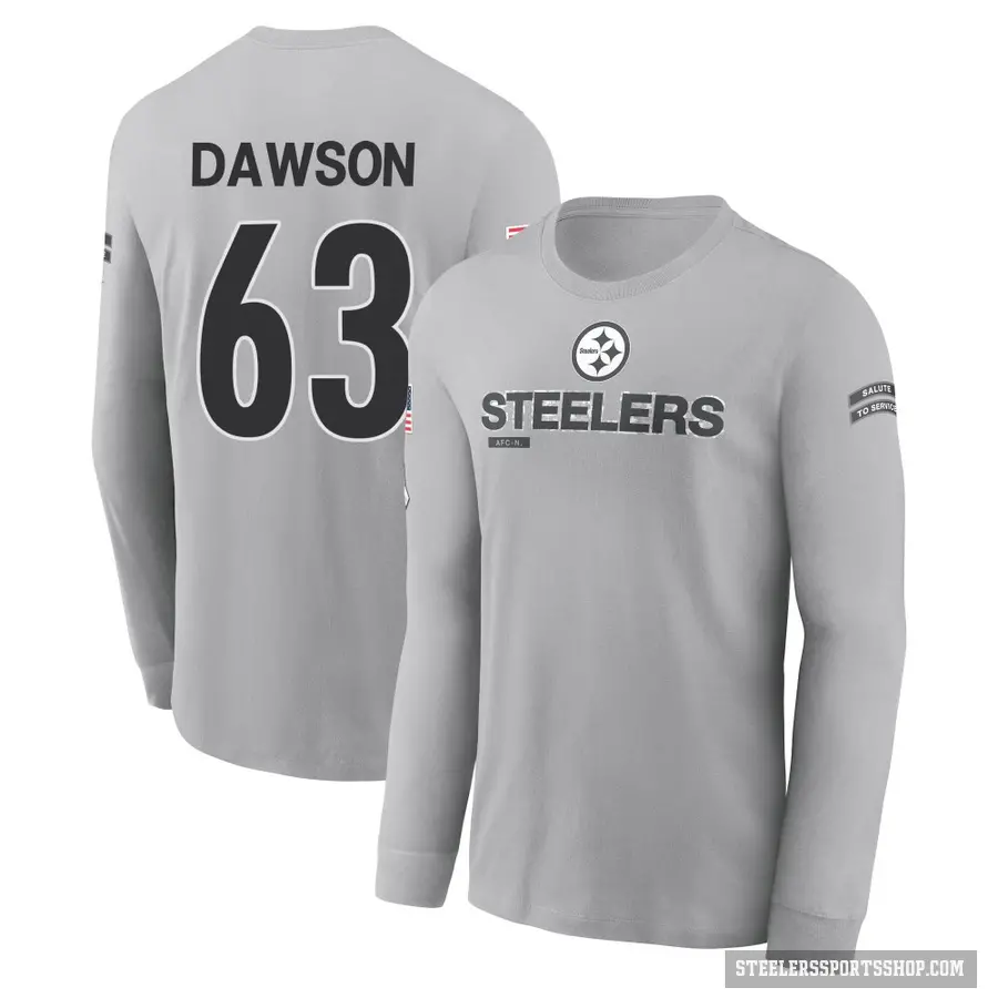 Men's ＃63 Dermontti Dawson Pittsburgh Steelers Gray 2024 Salute to Service Long Sleeve T-Shirt