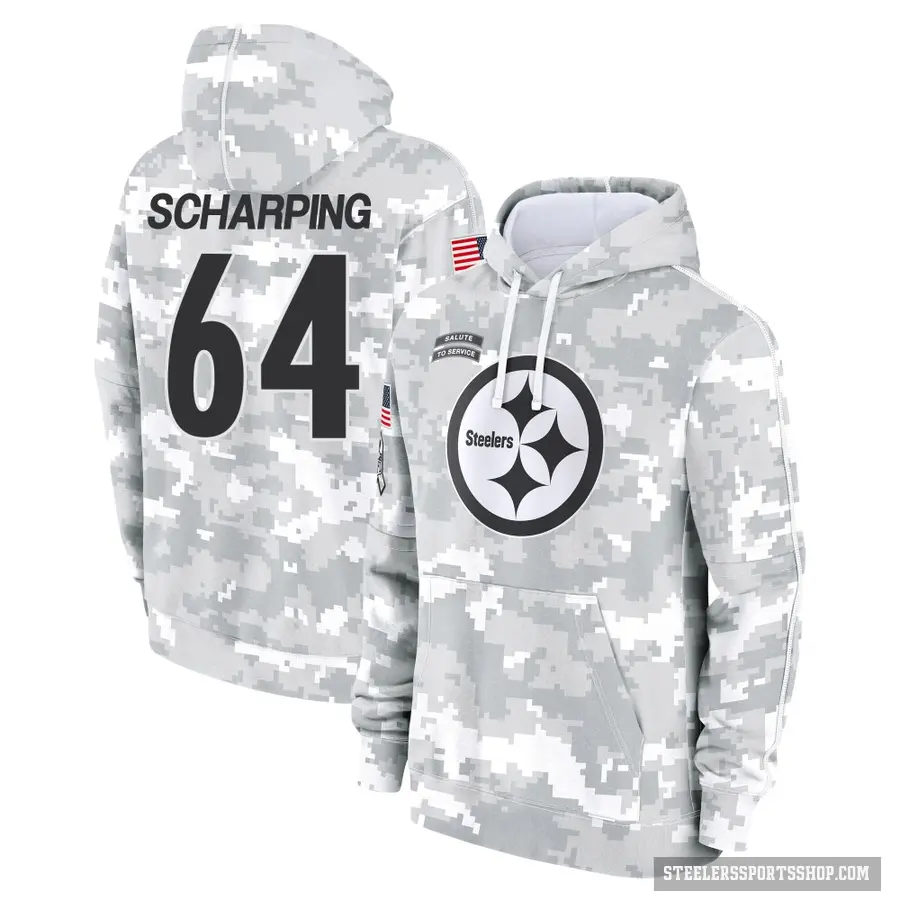 Men's ＃64 Max Scharping Pittsburgh Steelers Arctic Camo 2024 Salute to Service Club Fleece Pullover Hoodie