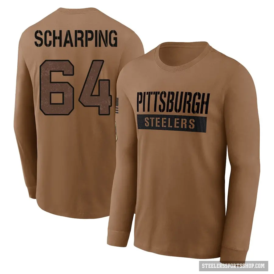 Men's ＃64 Max Scharping Pittsburgh Steelers Brown 2023 Salute To Service Long Sleeve T-Shirt