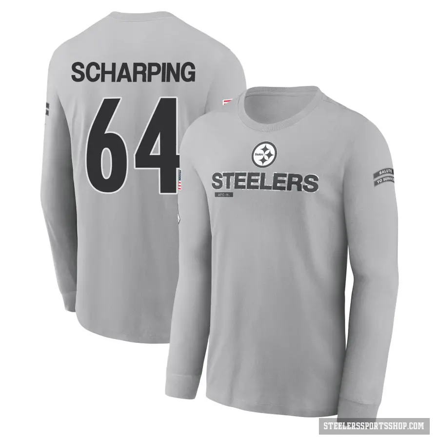 Men's ＃64 Max Scharping Pittsburgh Steelers Gray 2024 Salute to Service Long Sleeve T-Shirt