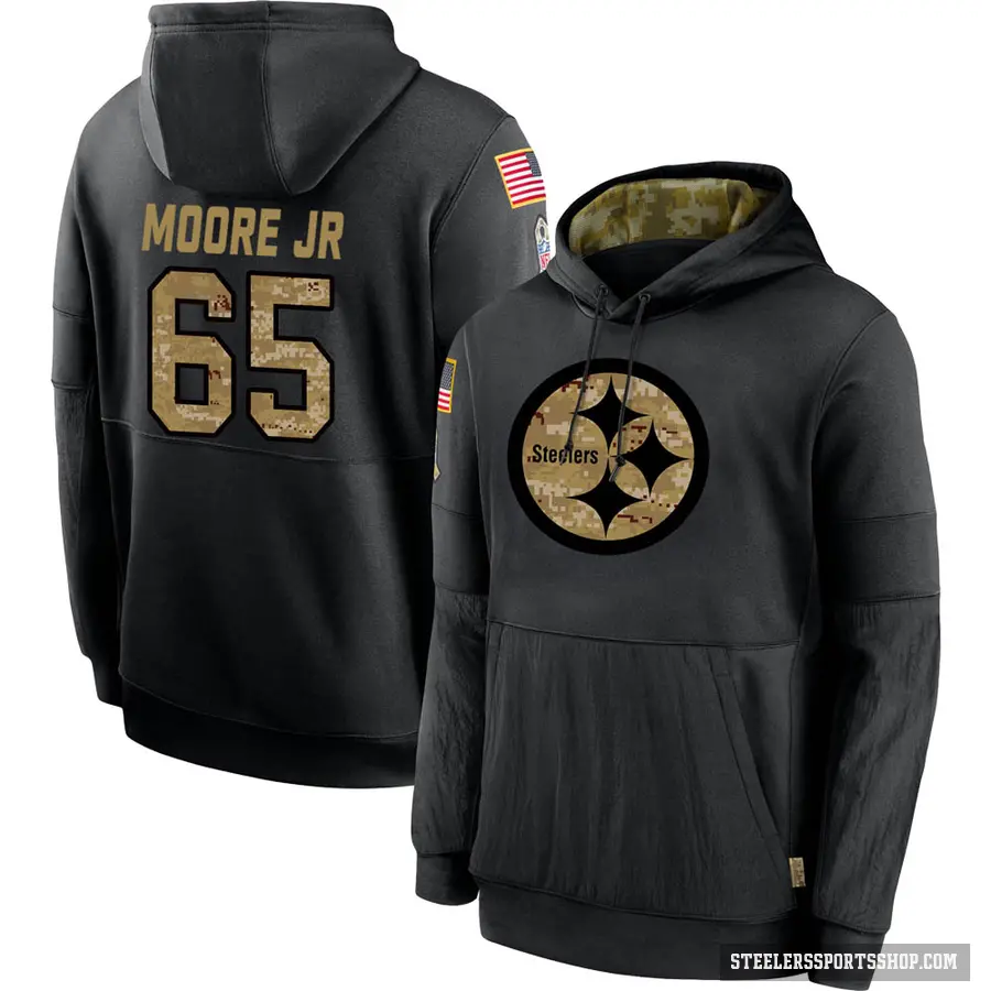 Men's ＃65 Dan Moore Jr. Pittsburgh Steelers Black 2020 Salute to Service Sideline Performance Pullover Hoodie