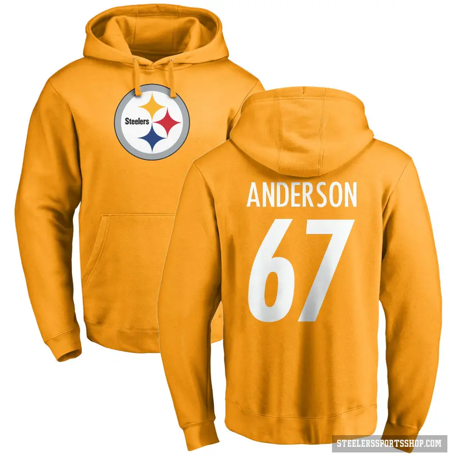 Men's ＃67 Calvin Anderson Pittsburgh Steelers Gold Pro Line Name & Number Logo Pullover Hoodie