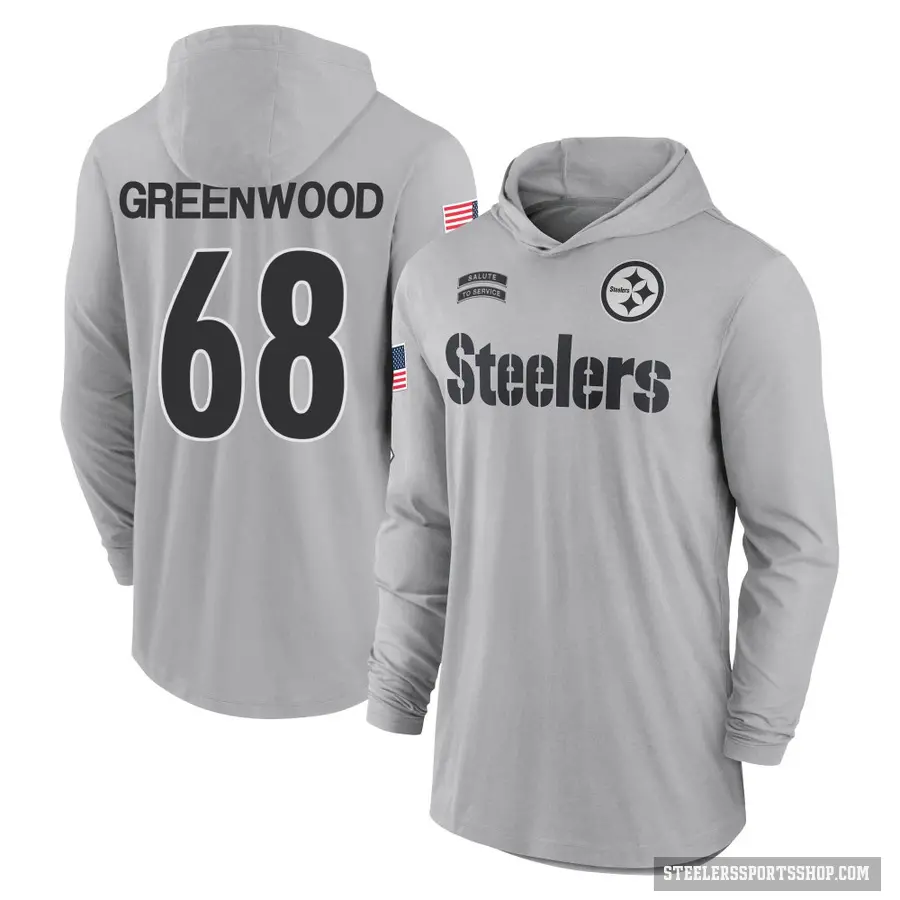 Men's ＃68 L.C. Greenwood Pittsburgh Steelers Green Gray 2024 Salute to Service Lightweight Performance Long Sleeve Hooded T-Shir