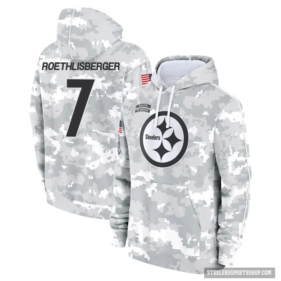 Men's ＃7 Ben Roethlisberger Pittsburgh Steelers Arctic Camo 2024 Salute to Service Club Fleece Pullover Hoodie