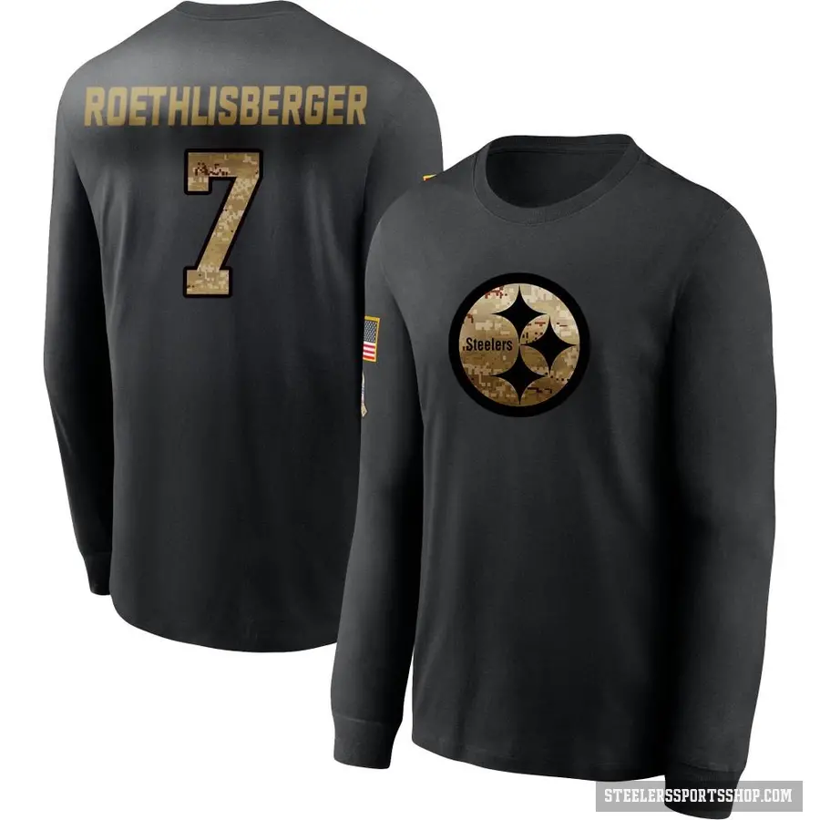 Men's ＃7 Ben Roethlisberger Pittsburgh Steelers Black 2020 Salute To Service Sideline Performance Long Sleeve T-Shirt