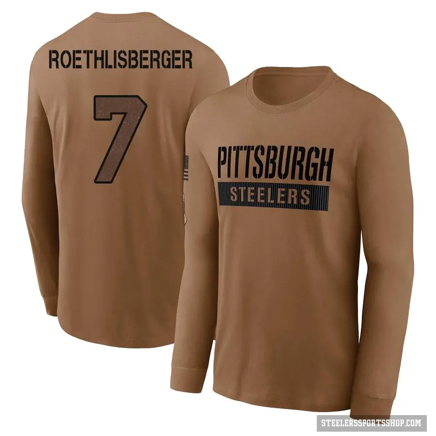 Men's ＃7 Ben Roethlisberger Pittsburgh Steelers Brown 2023 Salute To Service Long Sleeve T-Shirt