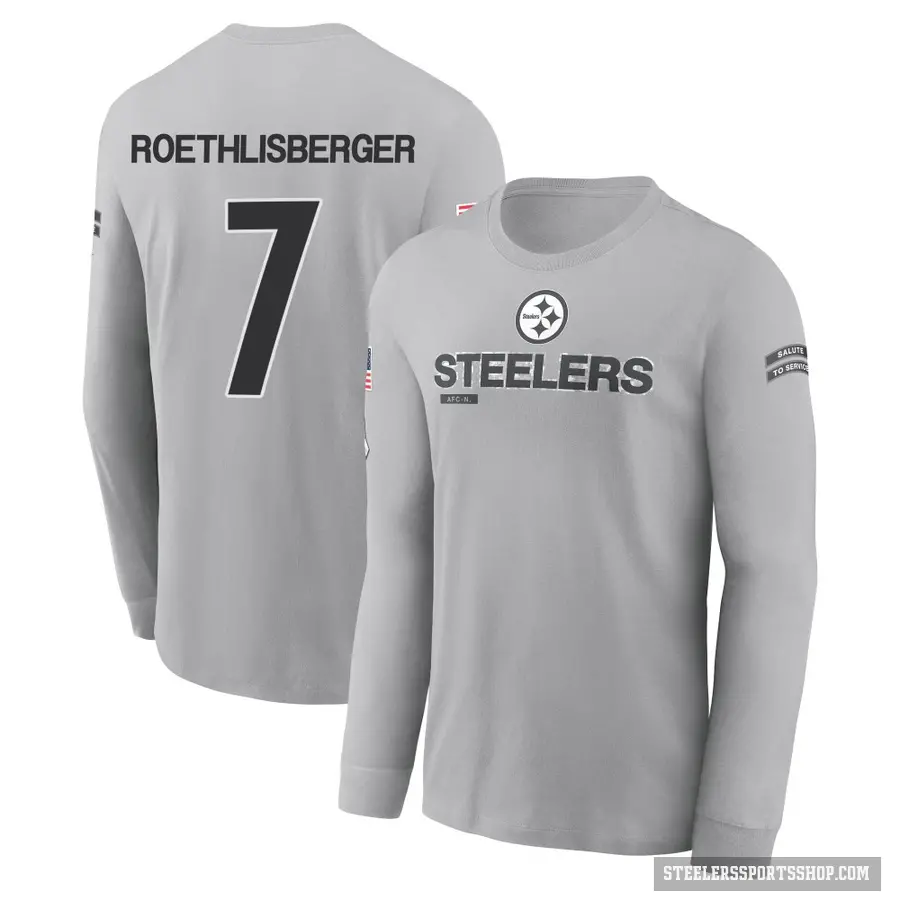 Men's ＃7 Ben Roethlisberger Pittsburgh Steelers Gray 2024 Salute to Service Long Sleeve T-Shirt