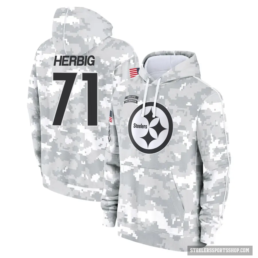 Men's ＃71 Nate Herbig Pittsburgh Steelers Arctic Camo 2024 Salute to Service Club Fleece Pullover Hoodie