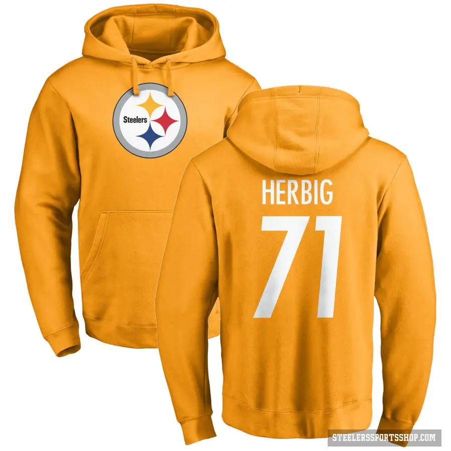 Men's ＃71 Nate Herbig Pittsburgh Steelers Gold Pro Line Name & Number Logo Pullover Hoodie