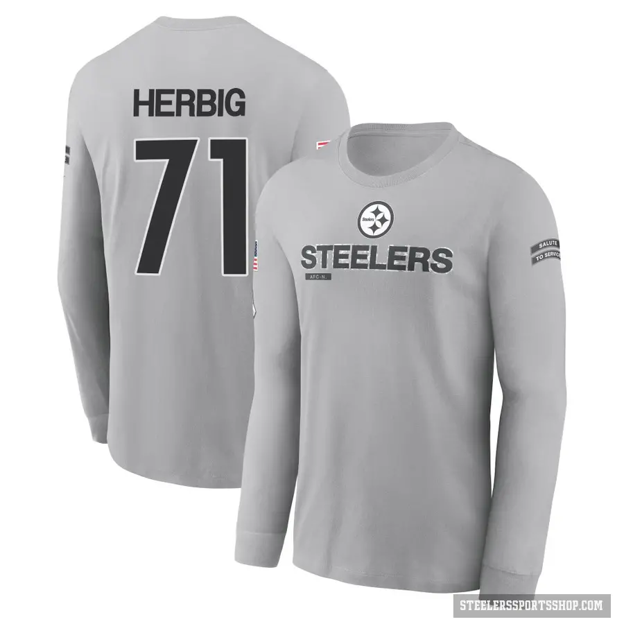 Men's ＃71 Nate Herbig Pittsburgh Steelers Gray 2024 Salute to Service Long Sleeve T-Shirt