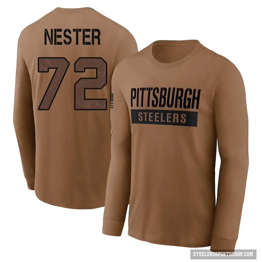 Men's ＃72 Doug Nester Pittsburgh Steelers Brown 2023 Salute To Service Long Sleeve T-Shirt