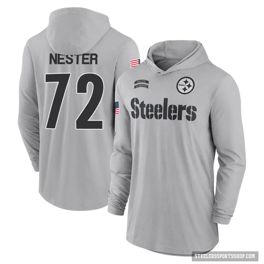 Men's ＃72 Doug Nester Pittsburgh Steelers Gray 2024 Salute to Service Lightweight Performance Long Sleeve Hooded T-Shirt