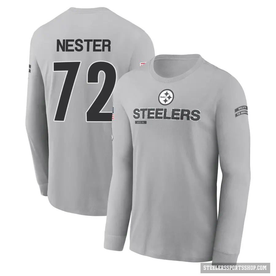 Men's ＃72 Doug Nester Pittsburgh Steelers Gray 2024 Salute to Service Long Sleeve T-Shirt