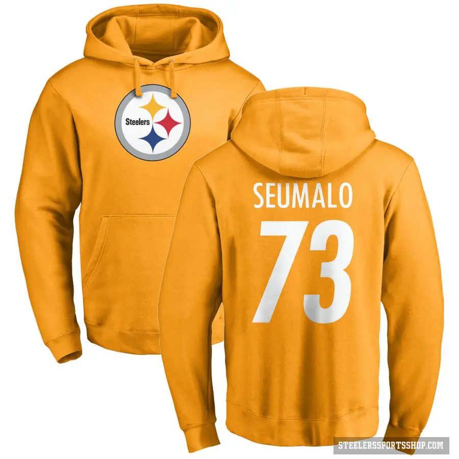 Men's ＃73 Isaac Seumalo Pittsburgh Steelers Gold Pro Line Name & Number Logo Pullover Hoodie