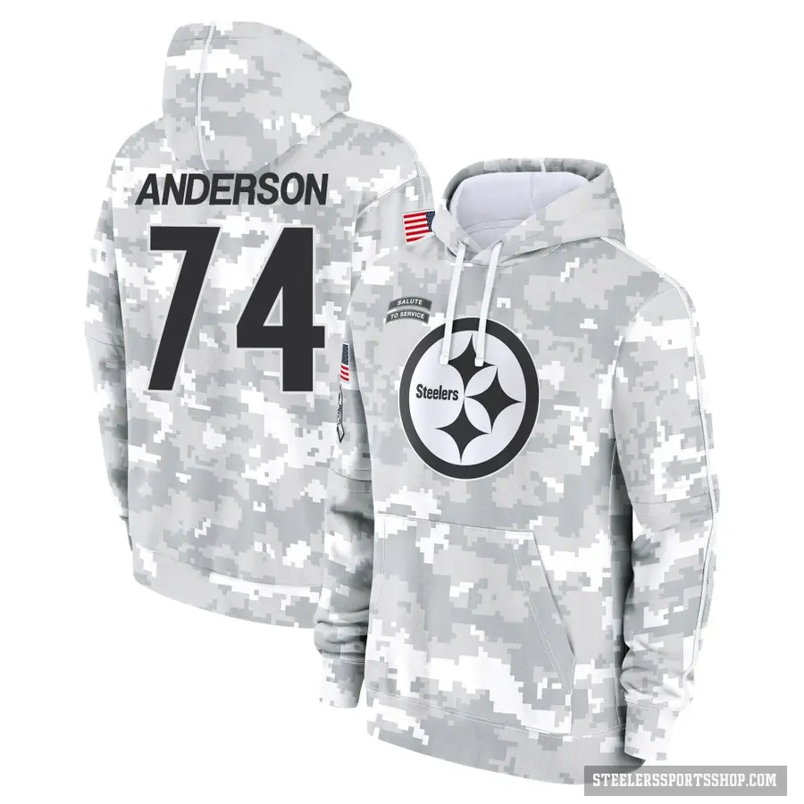 Men's ＃74 Spencer Anderson Pittsburgh Steelers Arctic Camo 2024 Salute to Service Club Fleece Pullover Hoodie