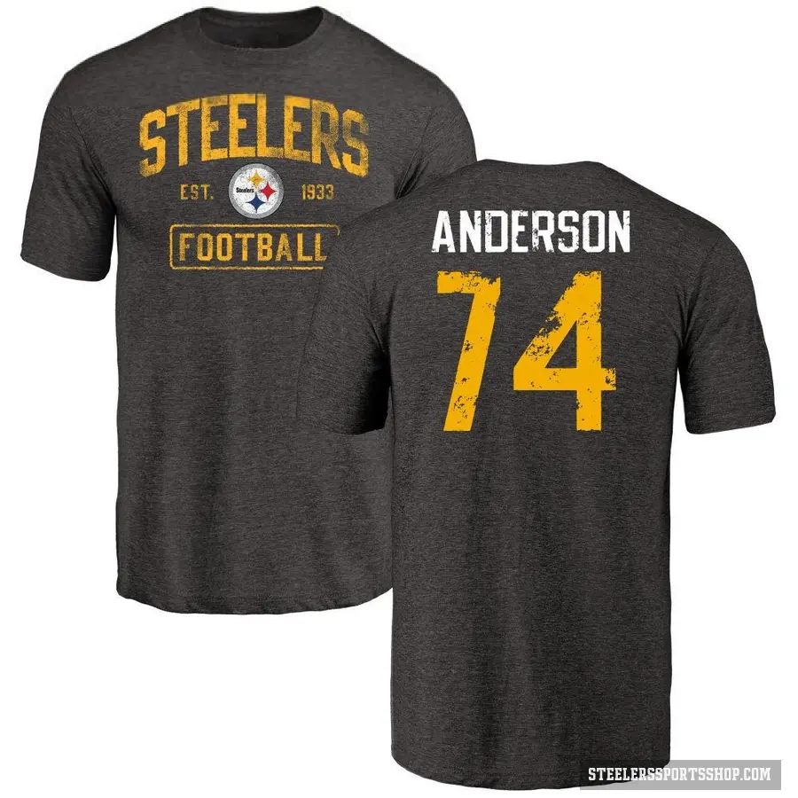 Men's ＃74 Spencer Anderson Pittsburgh Steelers Black Distressed T-Shirt