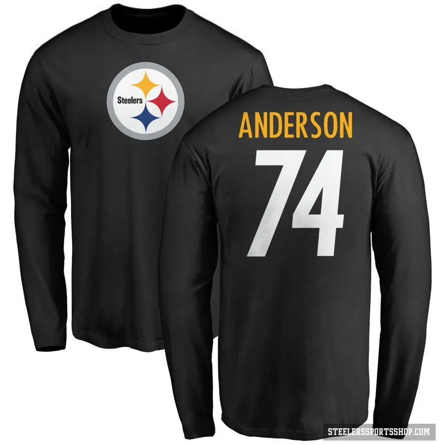 Men's ＃74 Spencer Anderson Pittsburgh Steelers Black Logo Long Sleeve T-Shirt