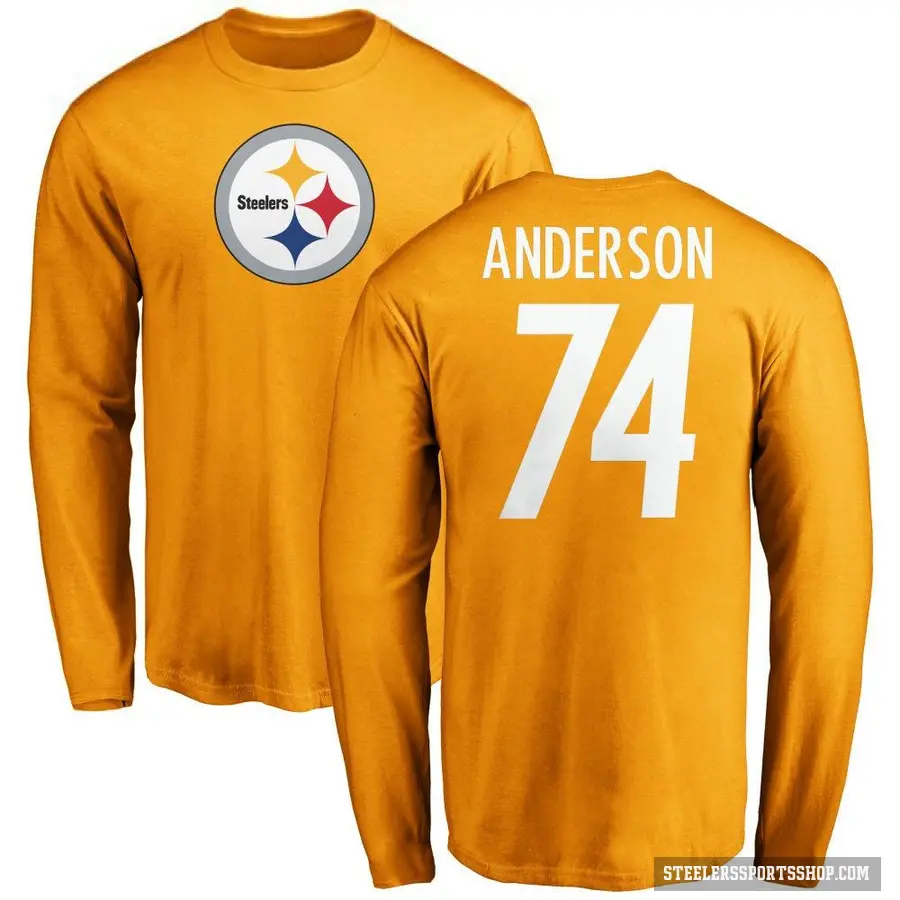 Men's ＃74 Spencer Anderson Pittsburgh Steelers Gold Logo Long Sleeve T-Shirt