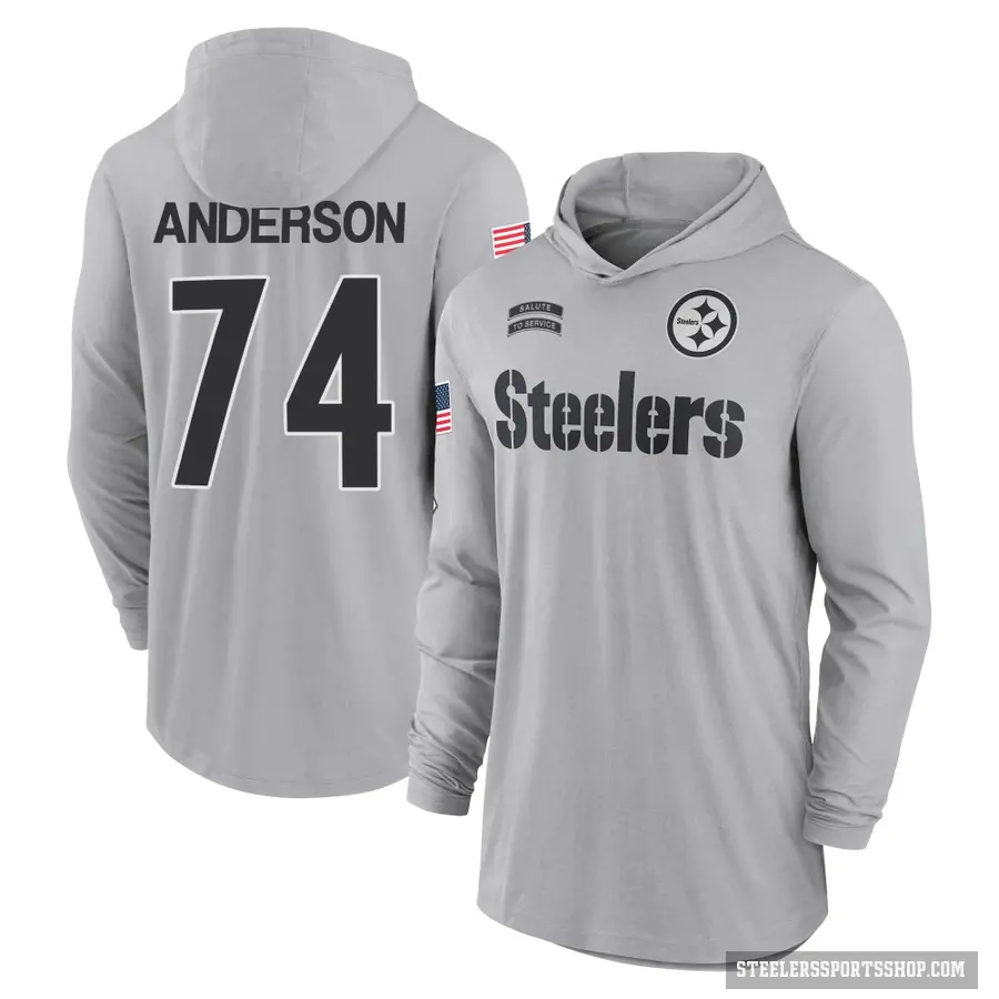 Men's ＃74 Spencer Anderson Pittsburgh Steelers Gray 2024 Salute to Service Lightweight Performance Long Sleeve Hooded T-Shirt