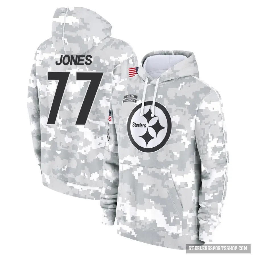 Men's ＃77 Broderick Jones Pittsburgh Steelers Arctic Camo 2024 Salute to Service Club Fleece Pullover Hoodie