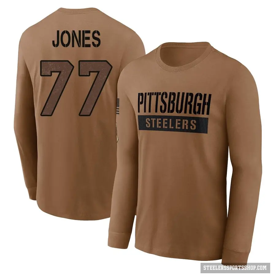 Men's ＃77 Broderick Jones Pittsburgh Steelers Brown 2023 Salute To Service Long Sleeve T-Shirt