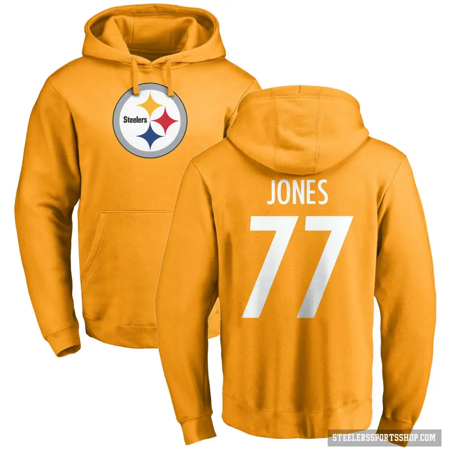 Men's ＃77 Broderick Jones Pittsburgh Steelers Gold Pro Line Name & Number Logo Pullover Hoodie