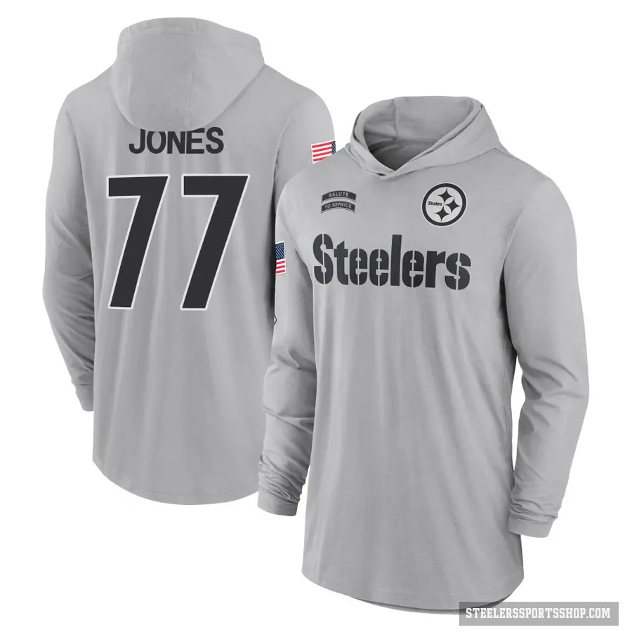 Men's ＃77 Broderick Jones Pittsburgh Steelers Gray 2024 Salute to Service Lightweight Performance Long Sleeve Hooded T-Shirt