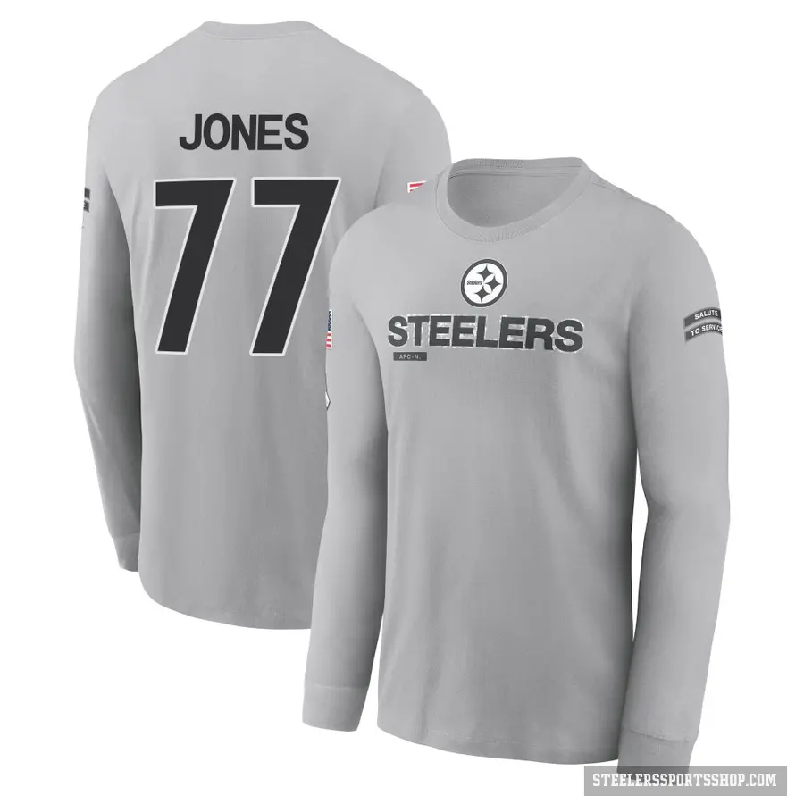 Men's ＃77 Broderick Jones Pittsburgh Steelers Gray 2024 Salute to Service Long Sleeve T-Shirt