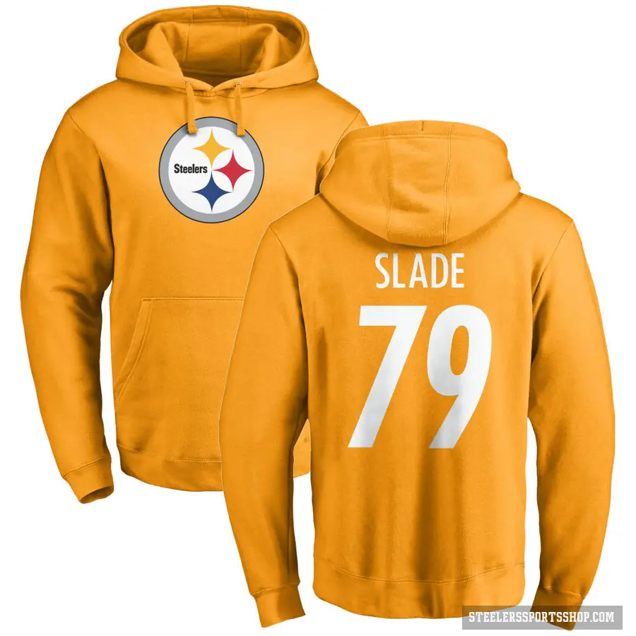 Men's ＃79 Jacob Slade Pittsburgh Steelers Gold Pro Line Name & Number Logo Pullover Hoodie