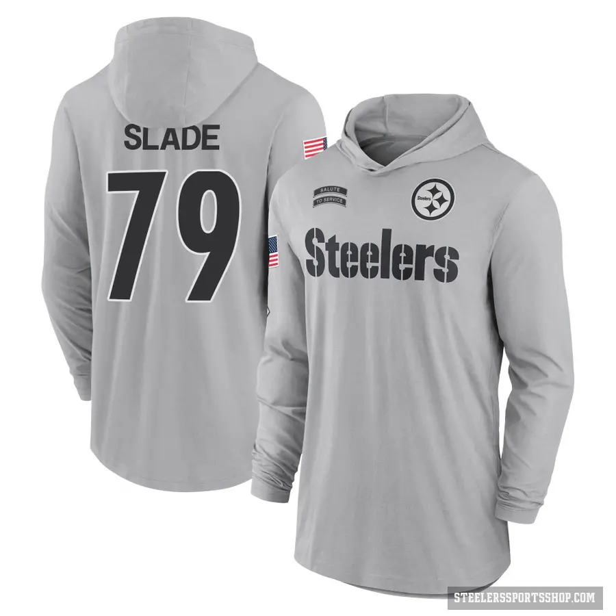 Men's ＃79 Jacob Slade Pittsburgh Steelers Gray 2024 Salute to Service Lightweight Performance Long Sleeve Hooded T-Shirt