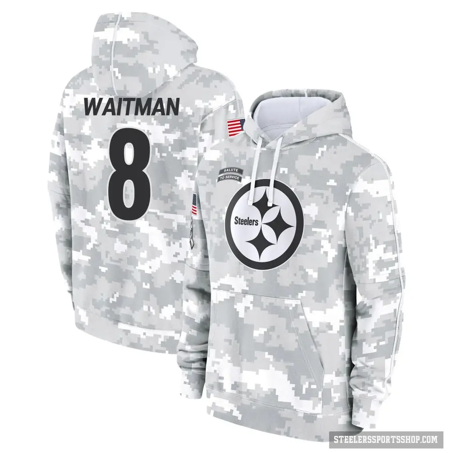 Men's ＃8 Corliss Waitman Pittsburgh Steelers Arctic Camo 2024 Salute to Service Club Fleece Pullover Hoodie