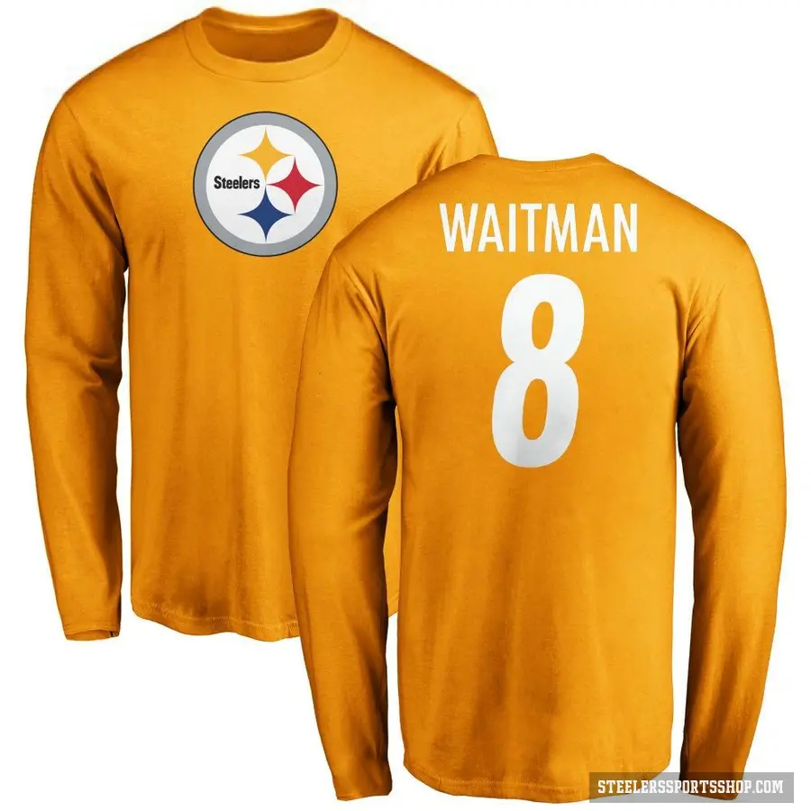 Men's ＃8 Corliss Waitman Pittsburgh Steelers Gold Logo Long Sleeve T-Shirt