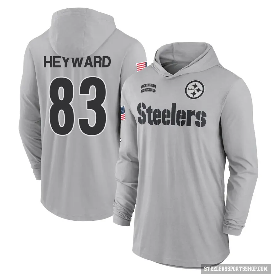 Men's ＃83 Connor Heyward Pittsburgh Steelers Gray 2024 Salute to Service Lightweight Performance Long Sleeve Hooded T-Shirt