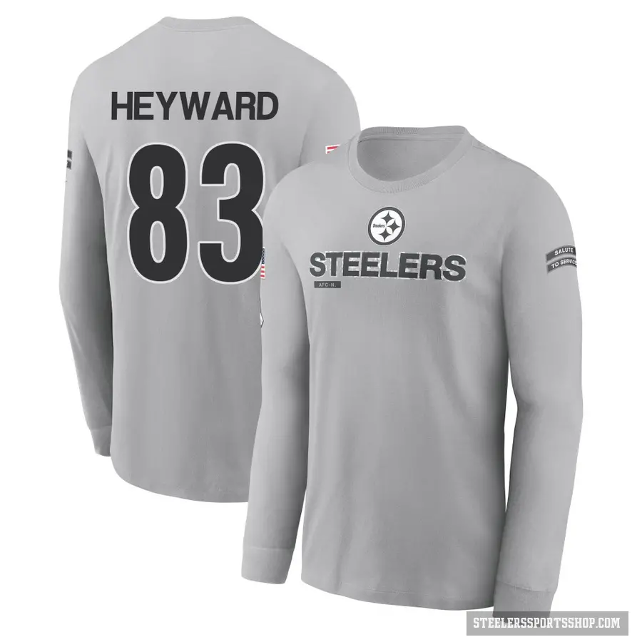 Men's ＃83 Connor Heyward Pittsburgh Steelers Gray 2024 Salute to Service Long Sleeve T-Shirt