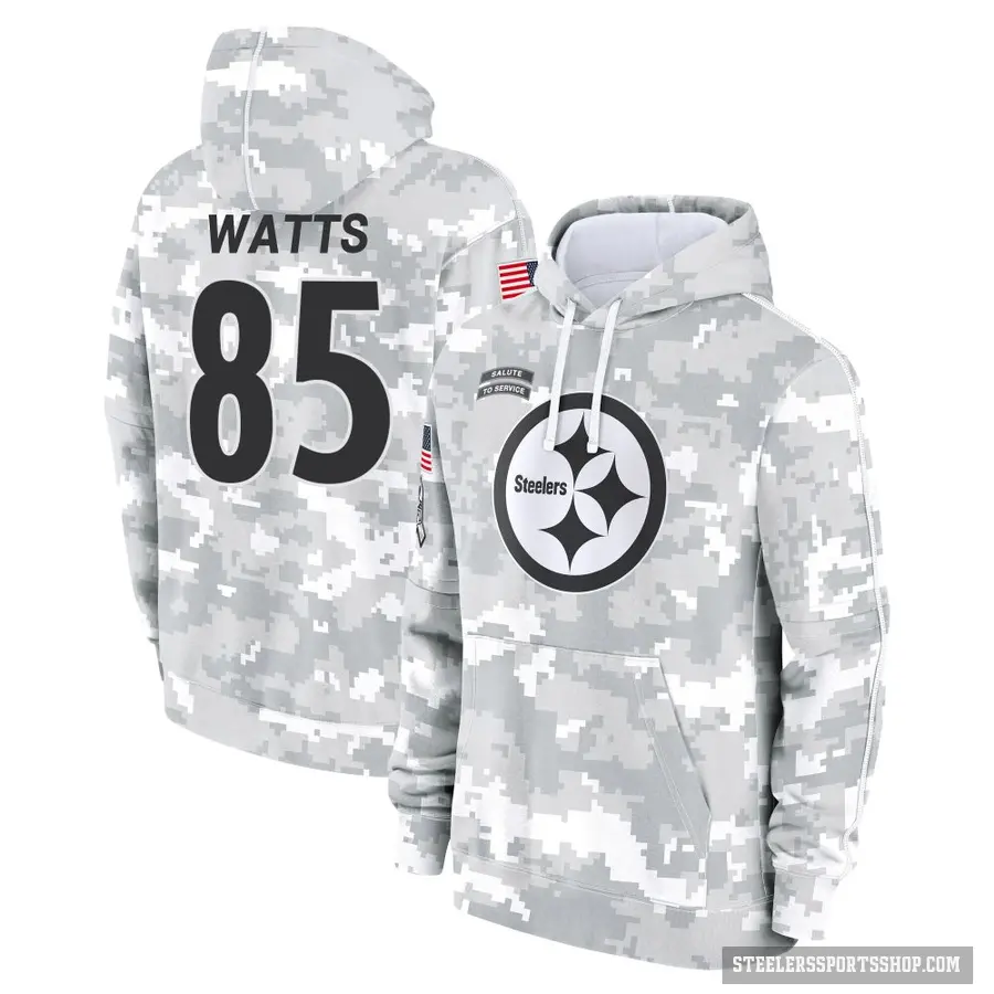 Men's ＃85 Duece Watts Pittsburgh Steelers Arctic Camo 2024 Salute to Service Club Fleece Pullover Hoodie