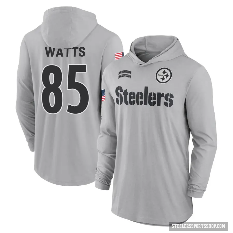 Men's ＃85 Duece Watts Pittsburgh Steelers Gray 2024 Salute to Service Lightweight Performance Long Sleeve Hooded T-Shirt