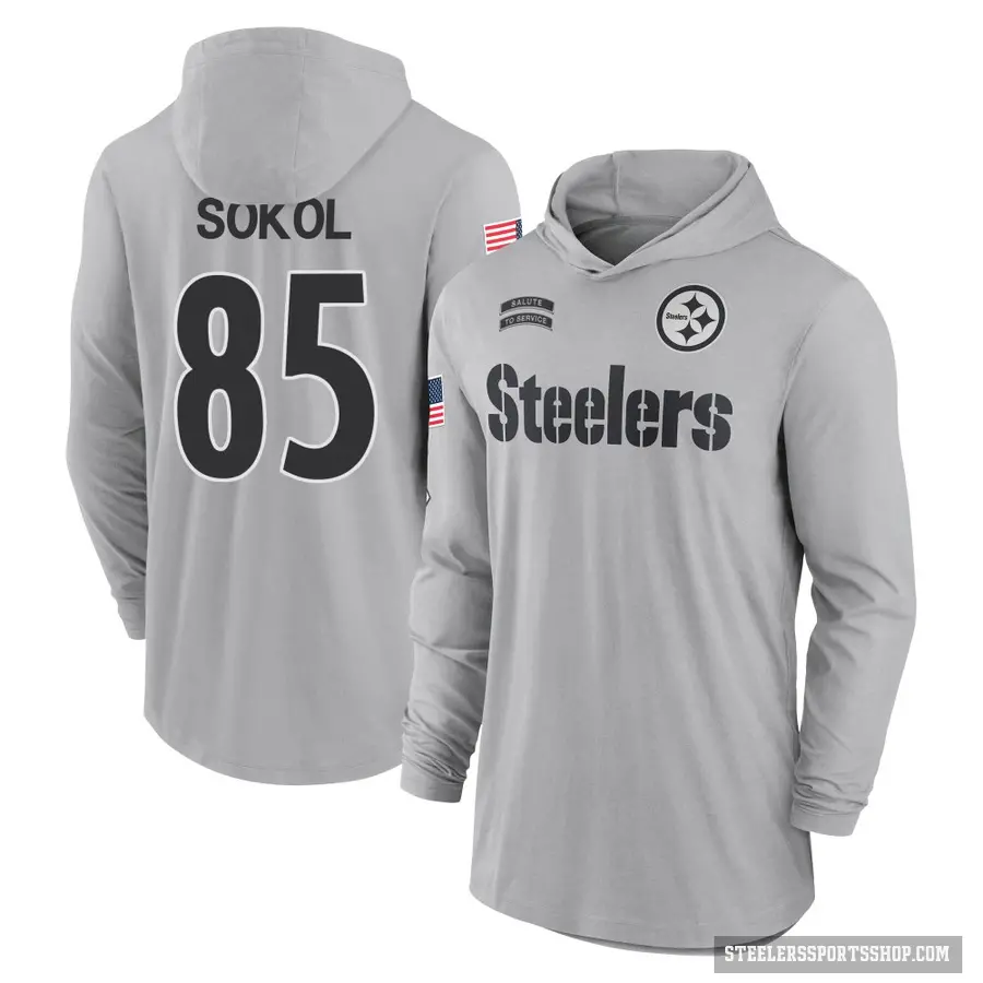 Men's ＃85 Matt Sokol Pittsburgh Steelers Gray 2024 Salute to Service Lightweight Performance Long Sleeve Hooded T-Shirt