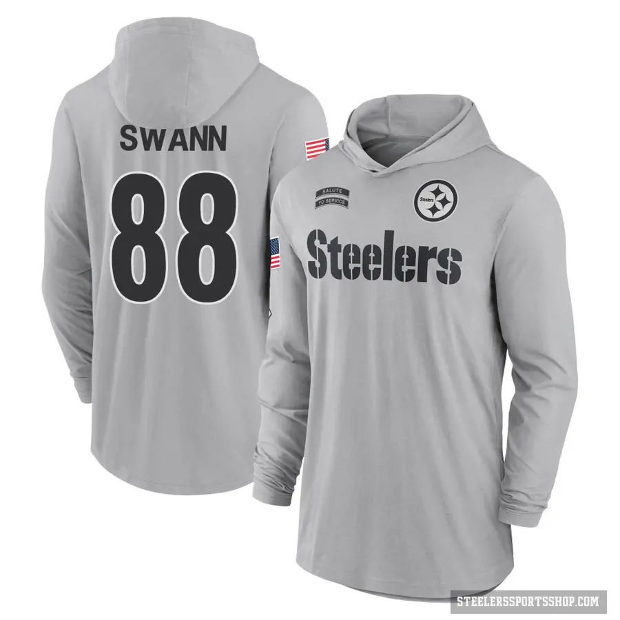 Men's ＃88 Lynn Swann Pittsburgh Steelers Gray 2024 Salute to Service Lightweight Performance Long Sleeve Hooded T-Shirt