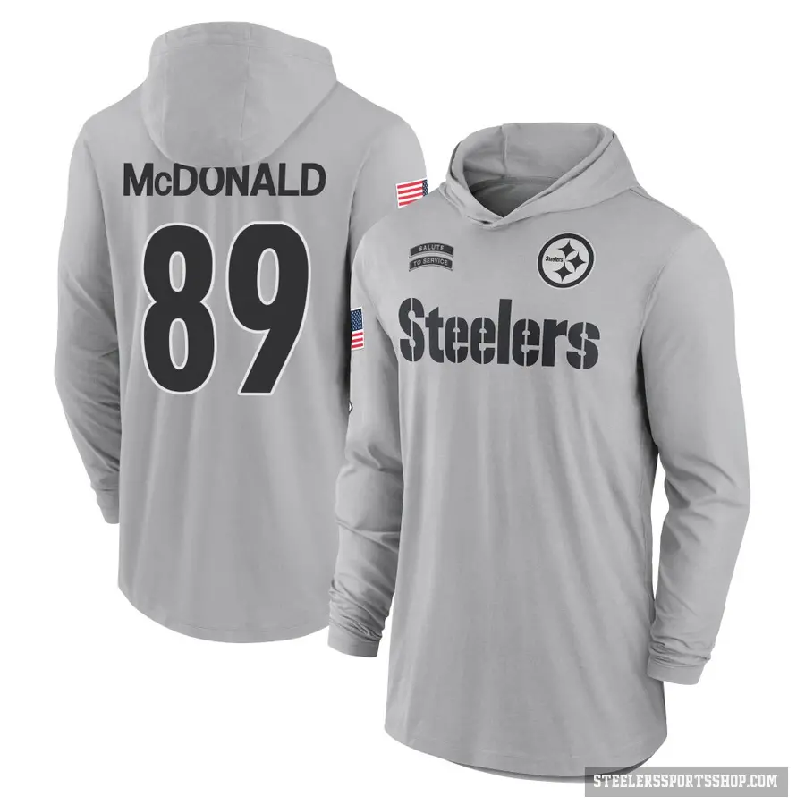 Men's ＃89 Vance McDonald Pittsburgh Steelers Gray 2024 Salute to Service Lightweight Performance Long Sleeve Hooded T-Shirt