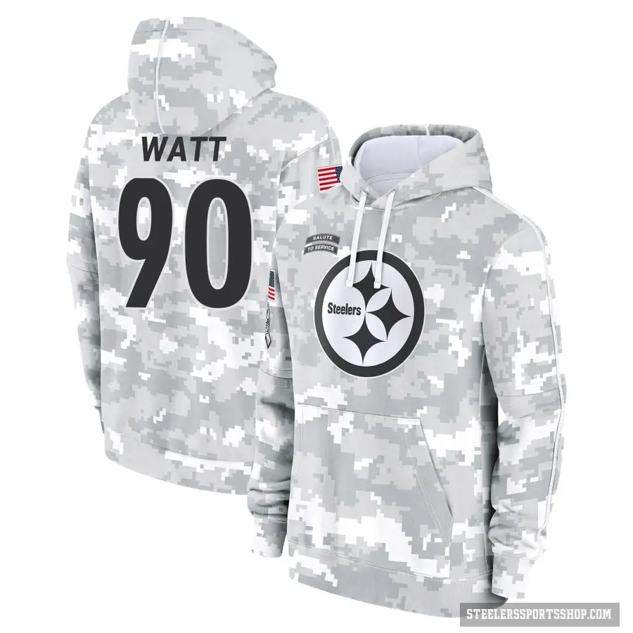 Men's ＃90 T.J. Watt Pittsburgh Steelers Arctic Camo 2024 Salute to Service Club Fleece Pullover Hoodie